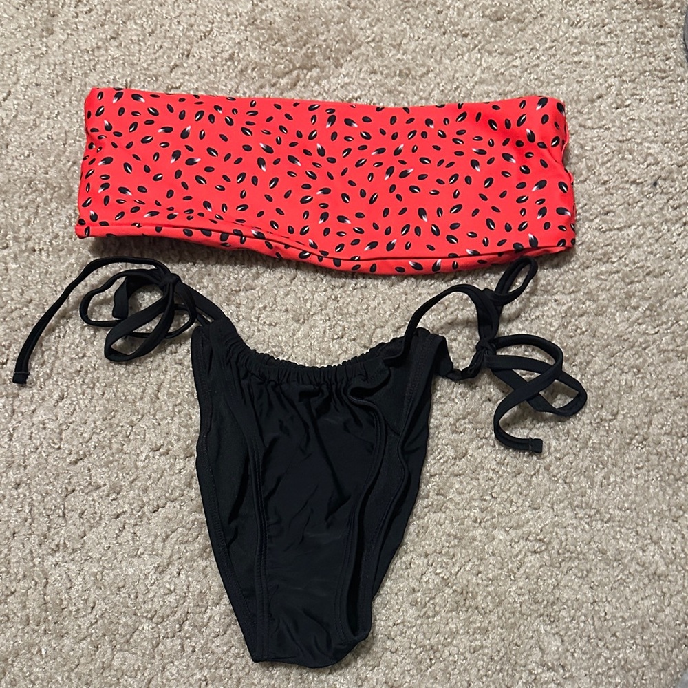Watermelon Bandeau Bikini Top with Black Tie-Side Bottom